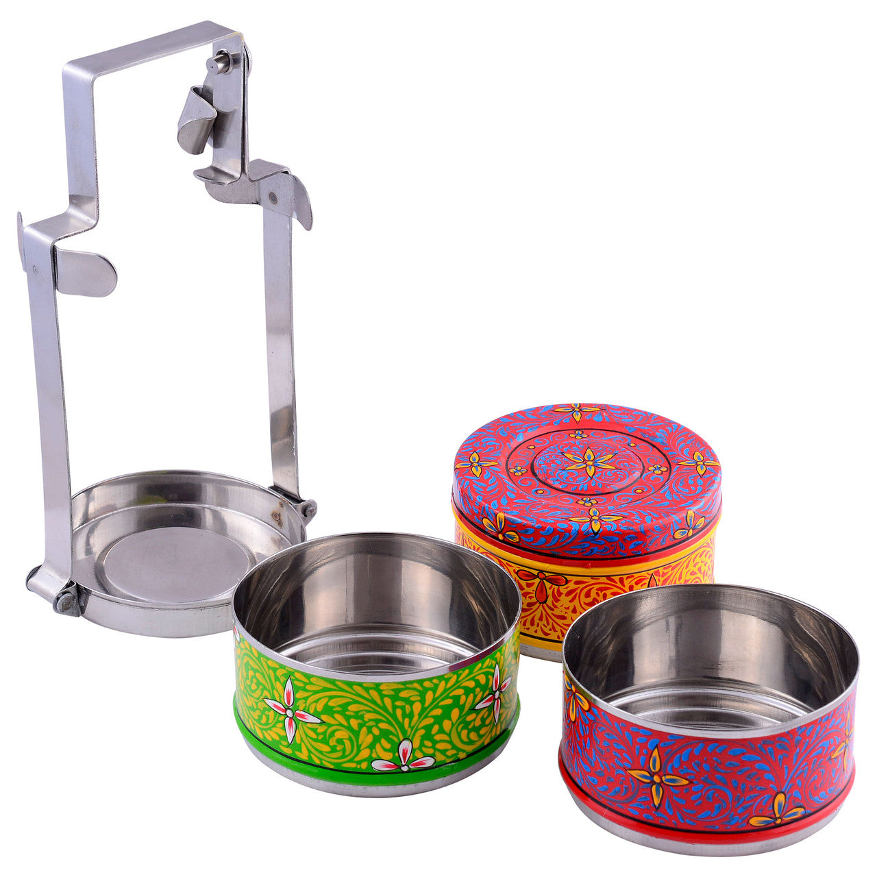 Hand-Painted 3-Tier Stainless Steel Lunch Box – multicolor Design Eco-Friendly tiffin box 3 tier