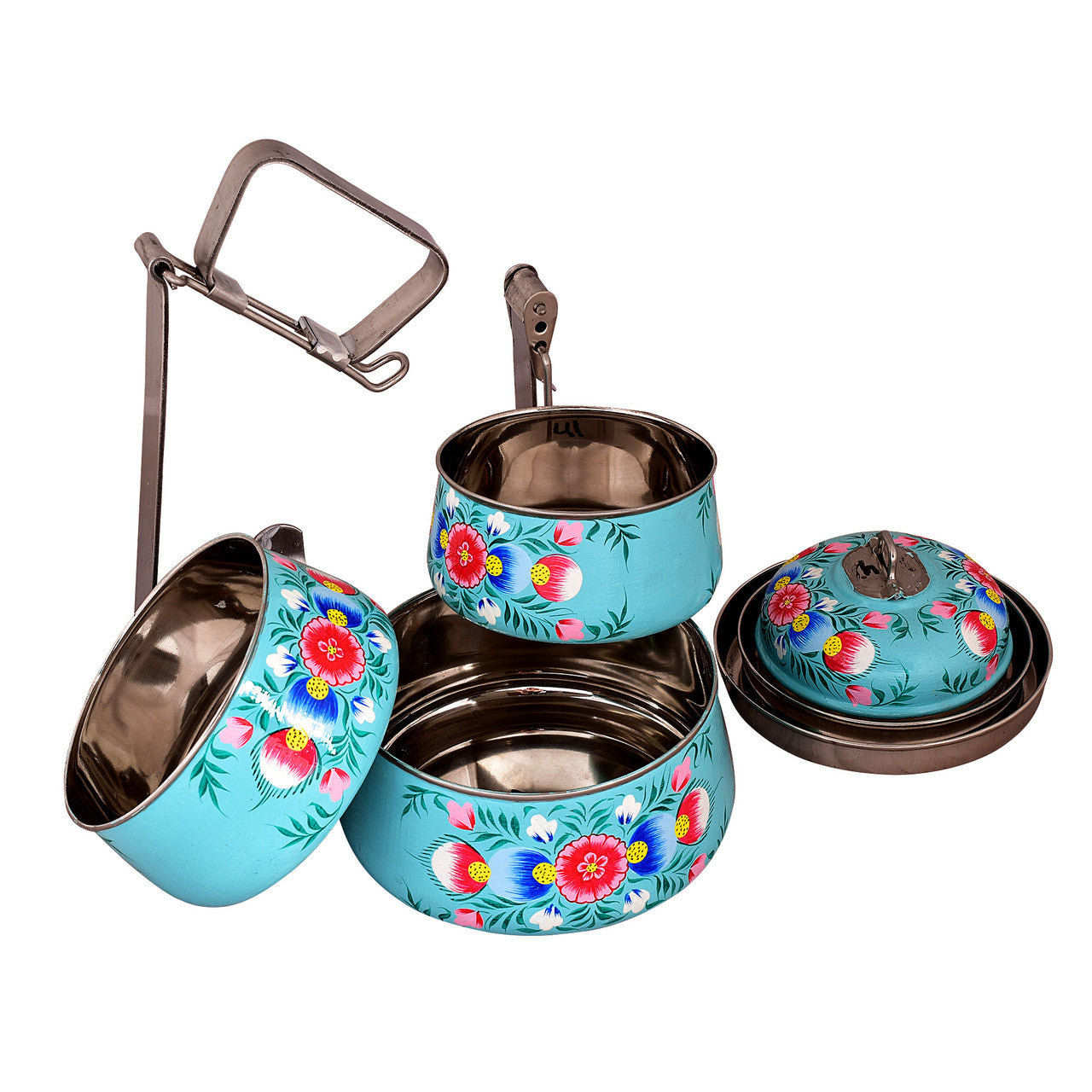Hand-Painted 3-Tier Stainless Steel Lunch Box – turquise blue Design Eco-Friendly tiffin box 3 tier