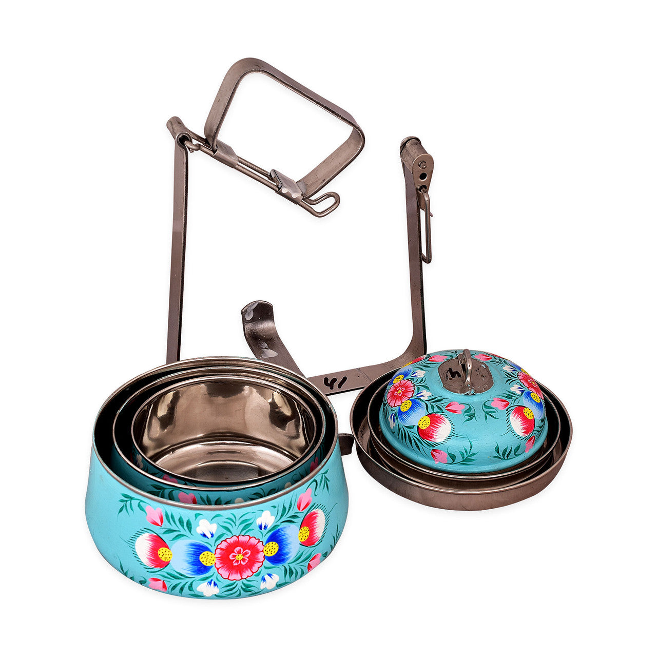 Hand-Painted 3-Tier Stainless Steel Lunch Box – turquise blue Design Eco-Friendly tiffin box 3 tier