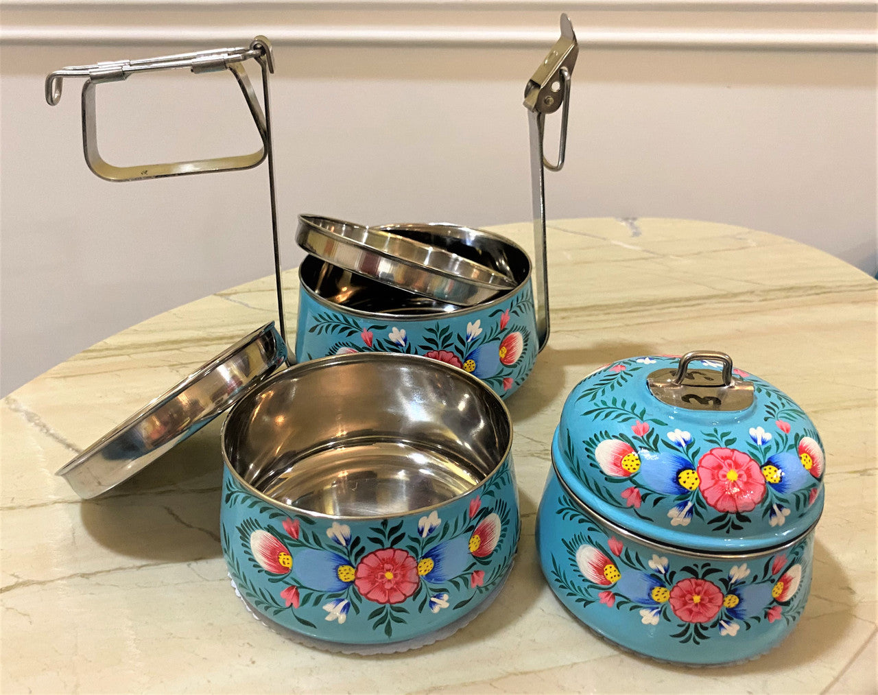 Hand-Painted 3-Tier Stainless Steel Lunch Box – turquise blue Design Eco-Friendly tiffin box 3 tier