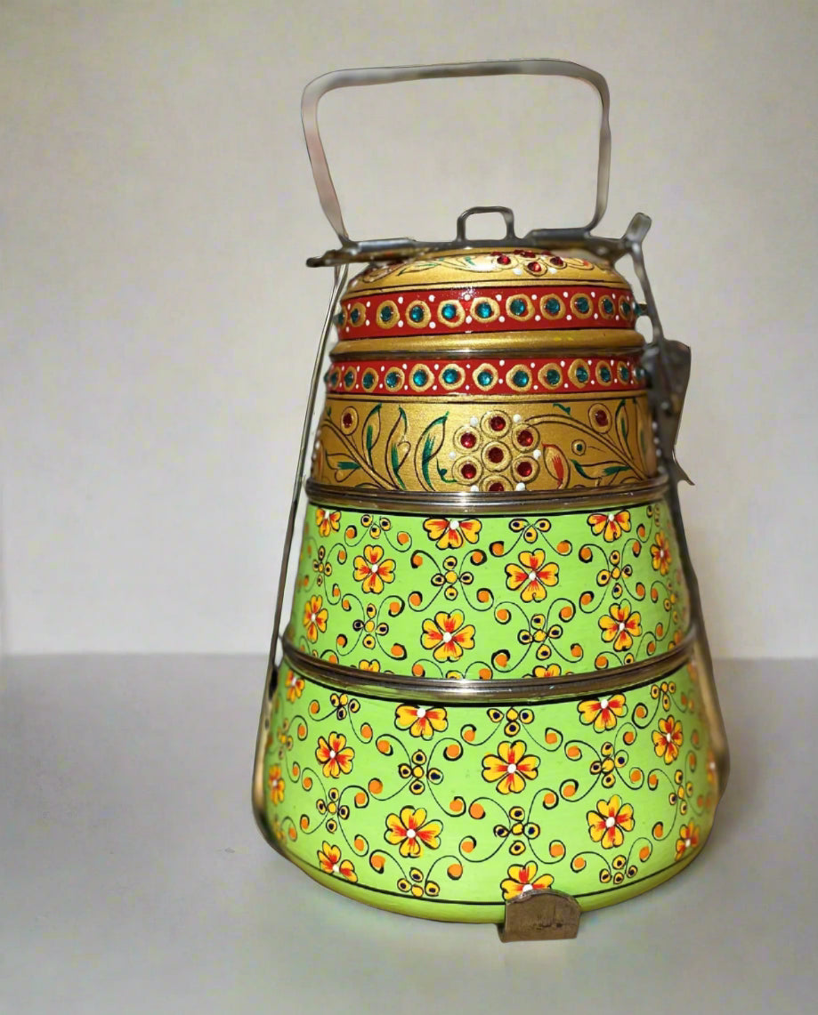 Hand-Painted 3-Tier Stainless Steel Lunch Box – green Design Eco-Friendly tiffin box 3 tier
