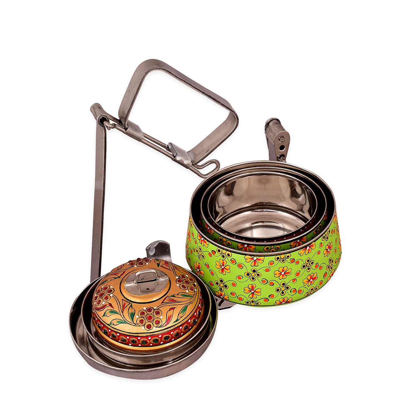 Hand-Painted 3-Tier Stainless Steel Lunch Box – green Design Eco-Friendly tiffin box 3 tier