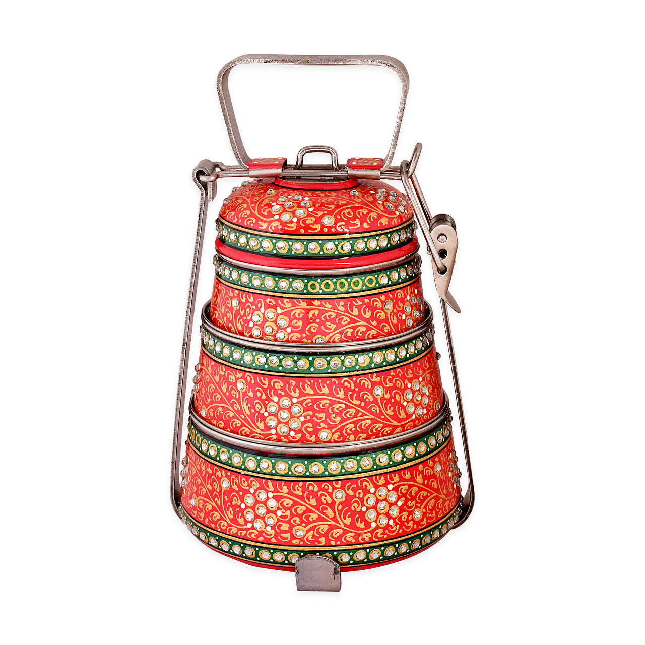 Hand-Painted 3-Tier Stainless Steel Lunch Box – red Design Eco-Friendly tiffin box 3 tier