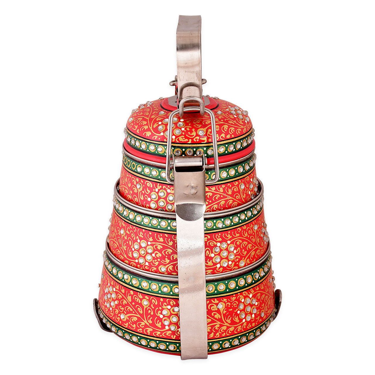 Hand-Painted 3-Tier Stainless Steel Lunch Box – red Design Eco-Friendly tiffin box 3 tier