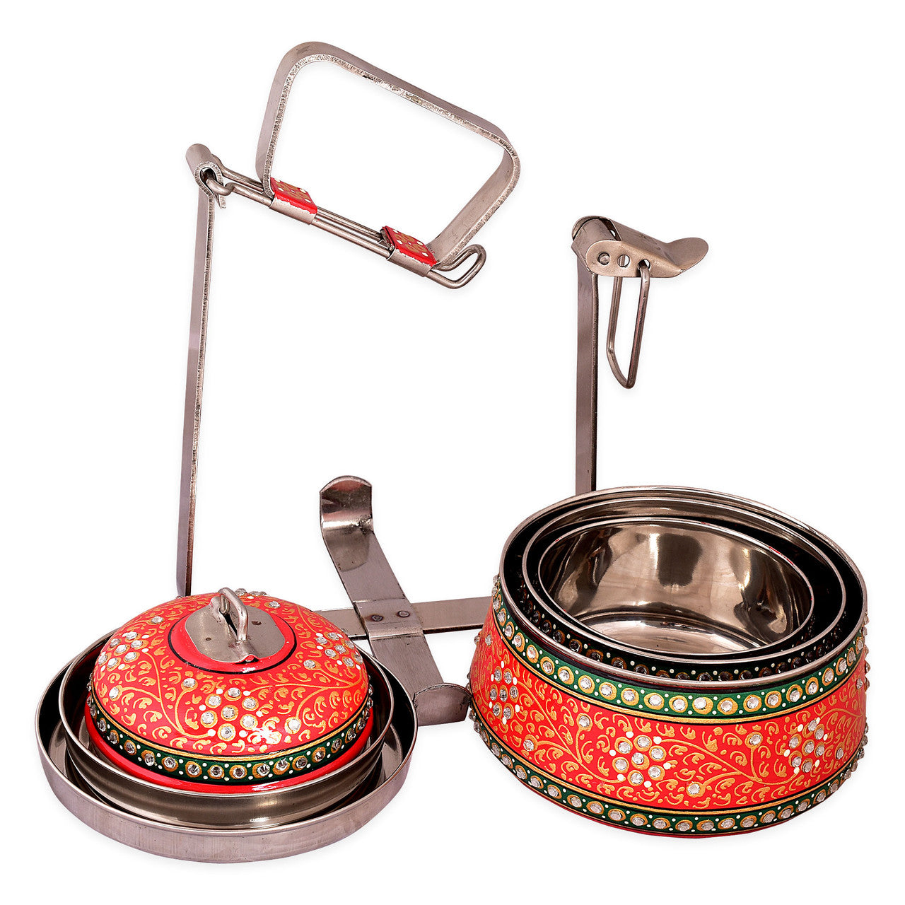 Hand-Painted 3-Tier Stainless Steel Lunch Box – red Design Eco-Friendly tiffin box 3 tier