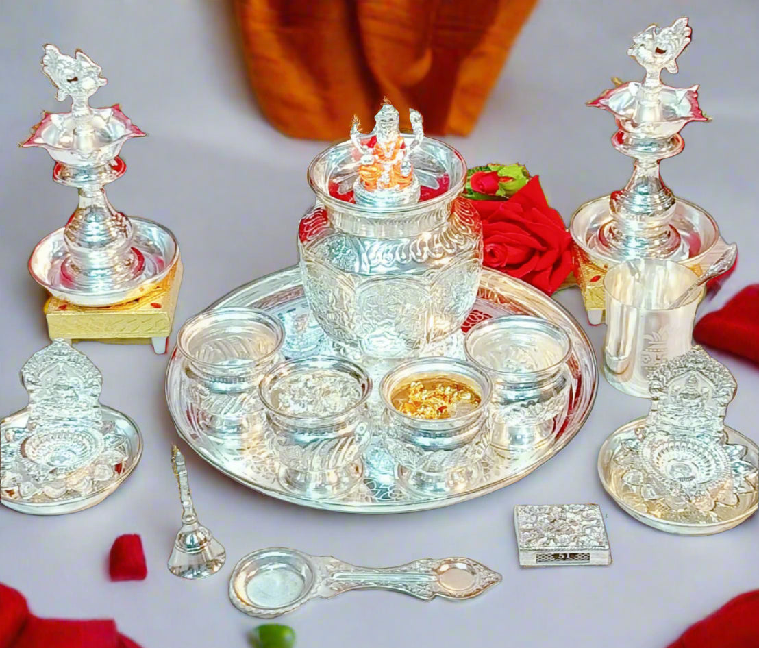 German silver Laxmi idol Pooja set - 23 pieces set