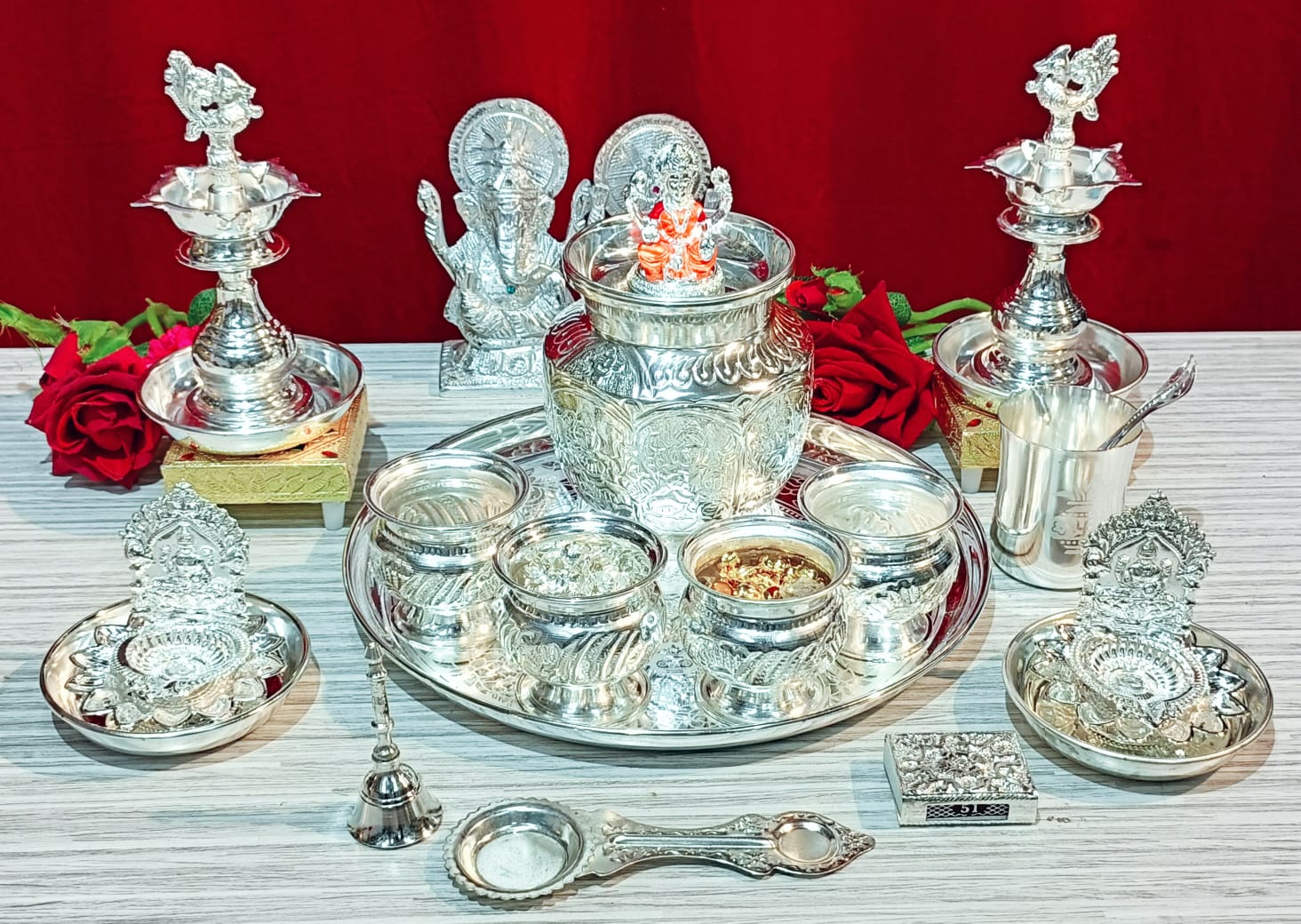 German silver Laxmi idol Pooja set - 23 pieces set