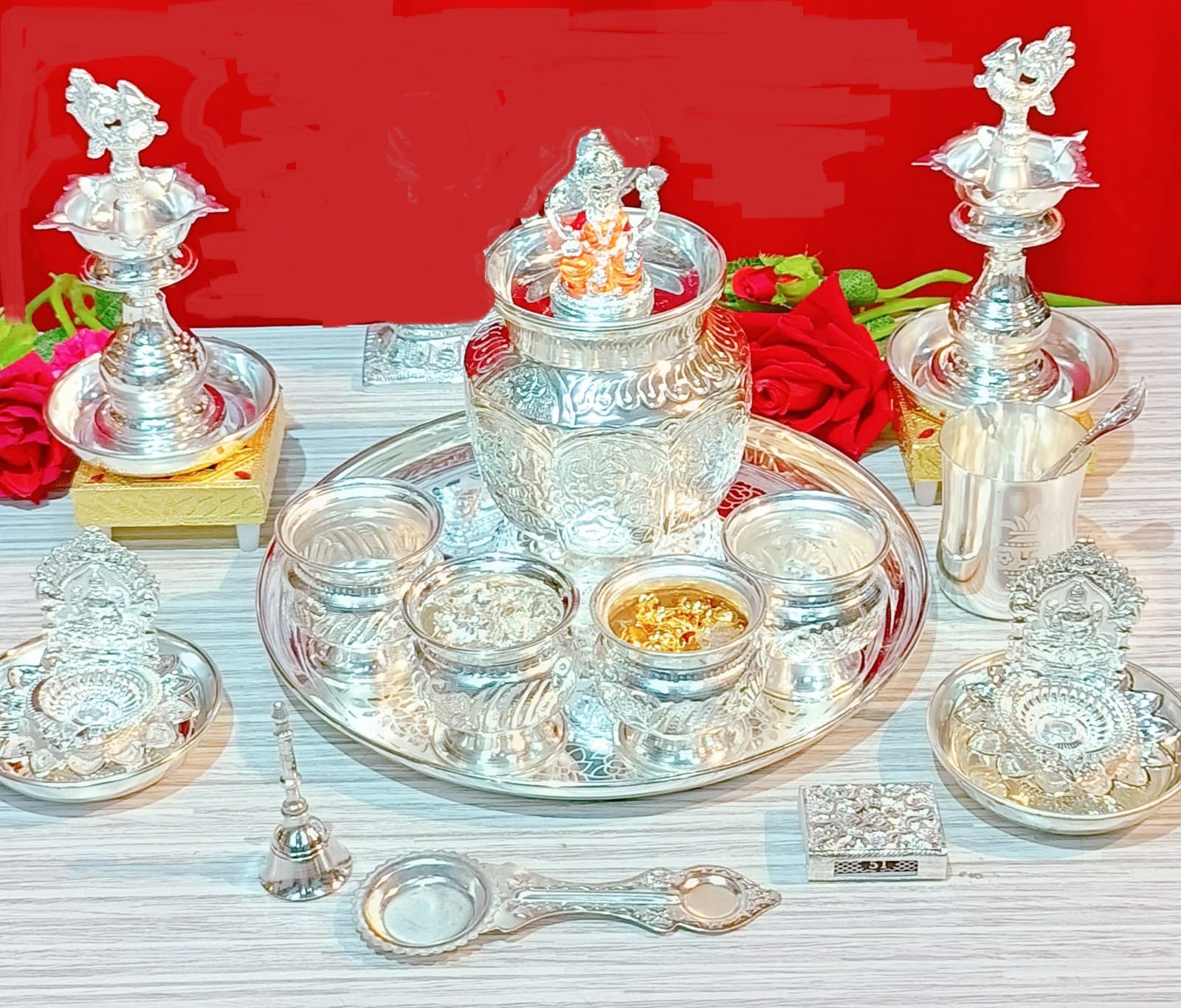 German silver Laxmi idol Pooja set - 23 pieces set