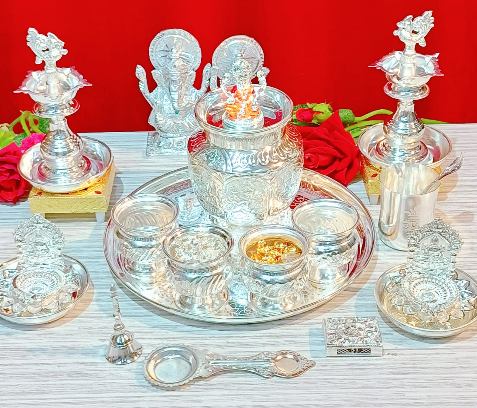 German silver Laxmi idol Pooja set - 23 pieces set