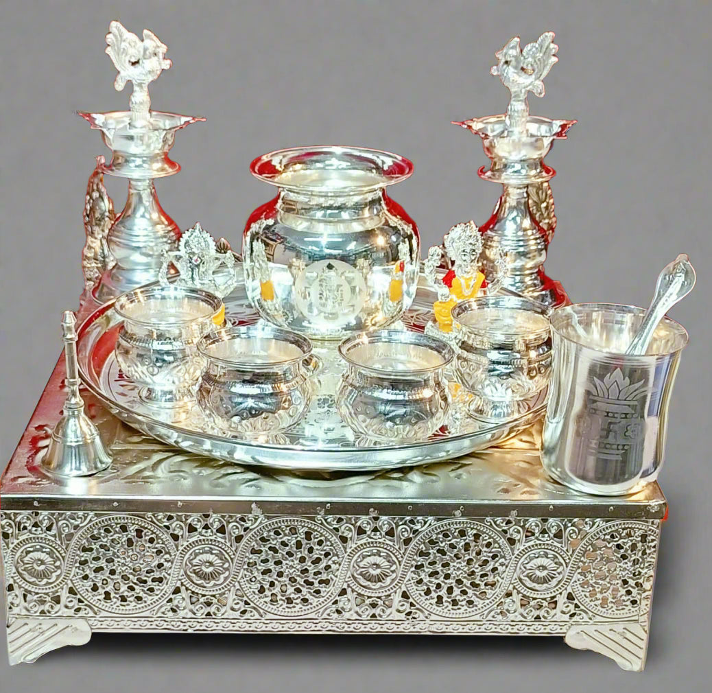 German Silver Pooja thali Set with Lakshmi Ganesh Idols for House Warming Pooja