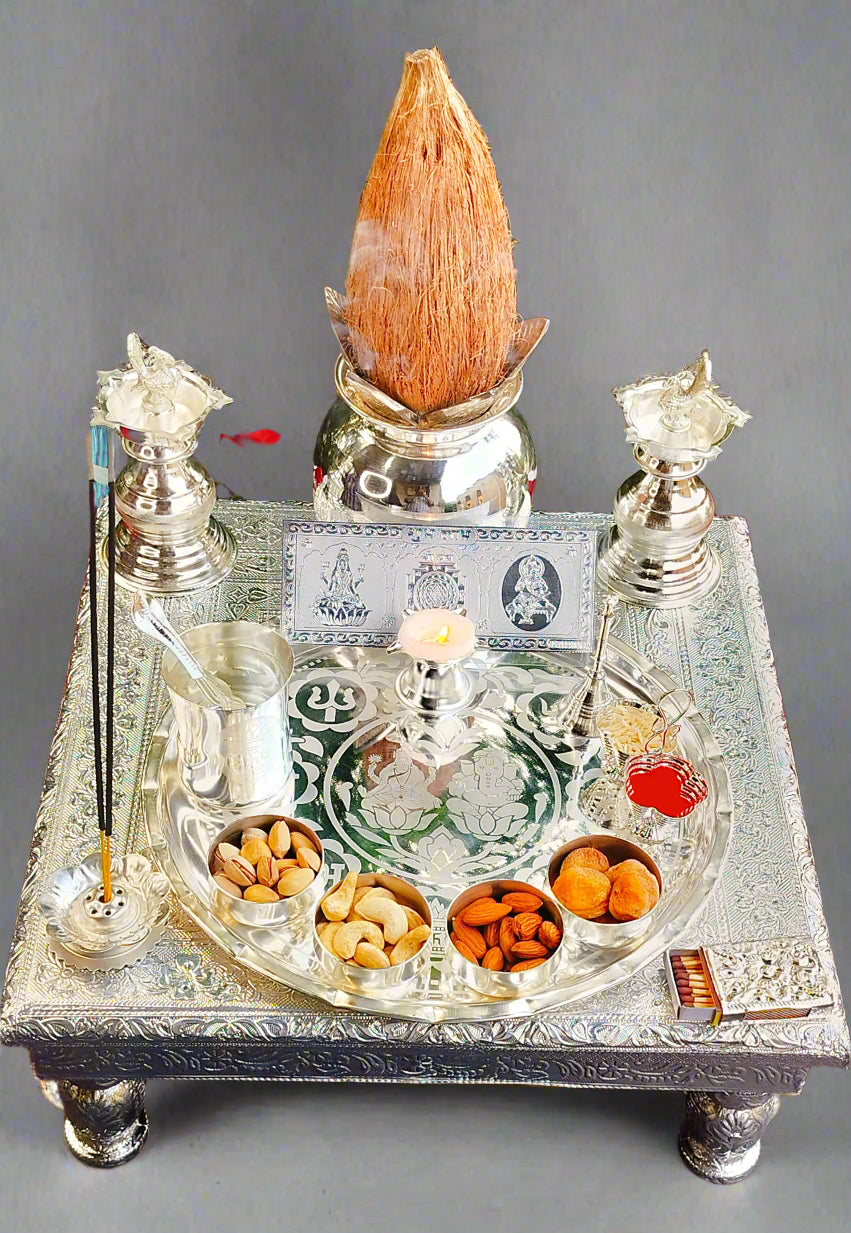 German Silver Pooja Combo thali Set with Stool