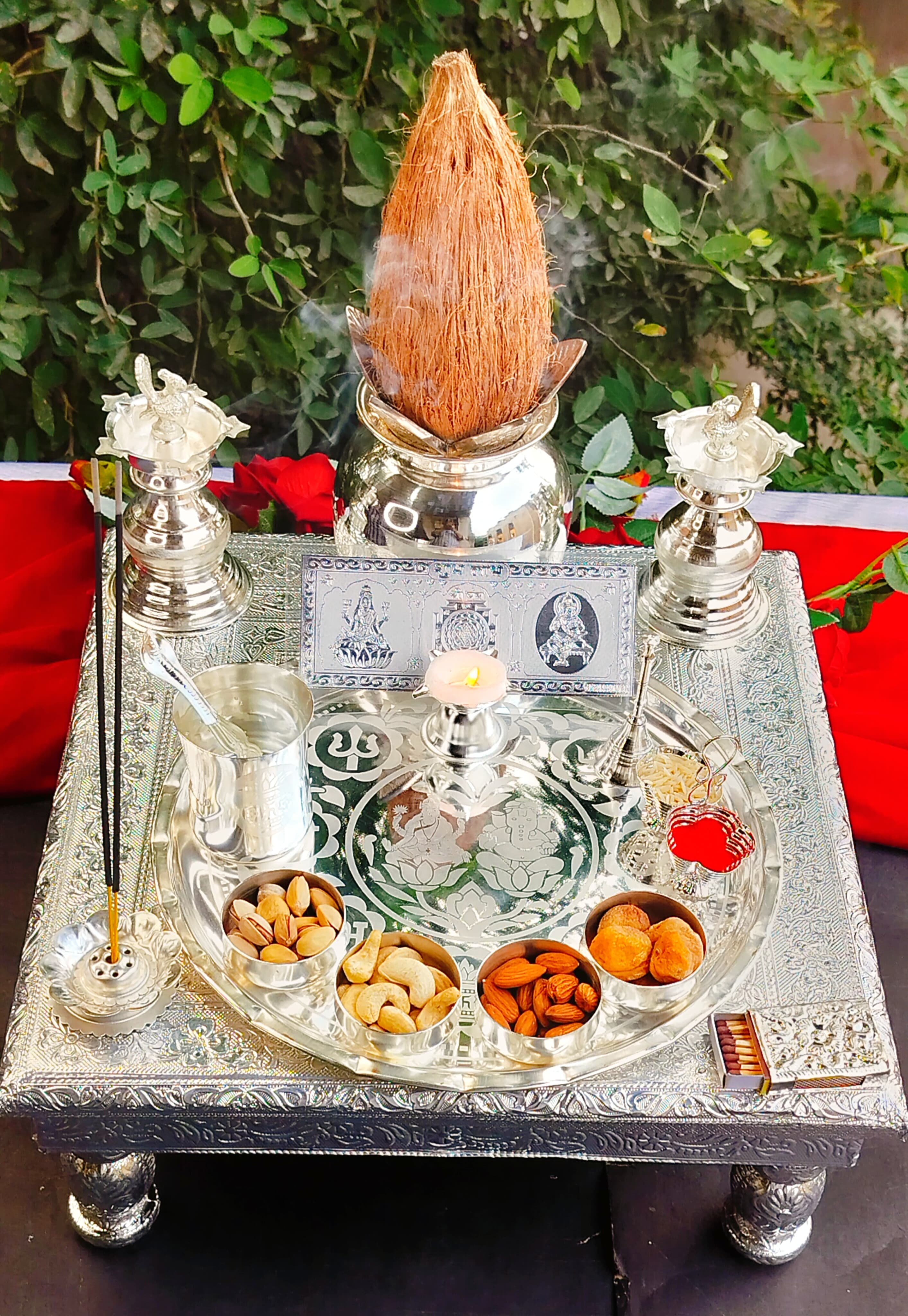 German Silver Pooja Combo thali Set with Stool