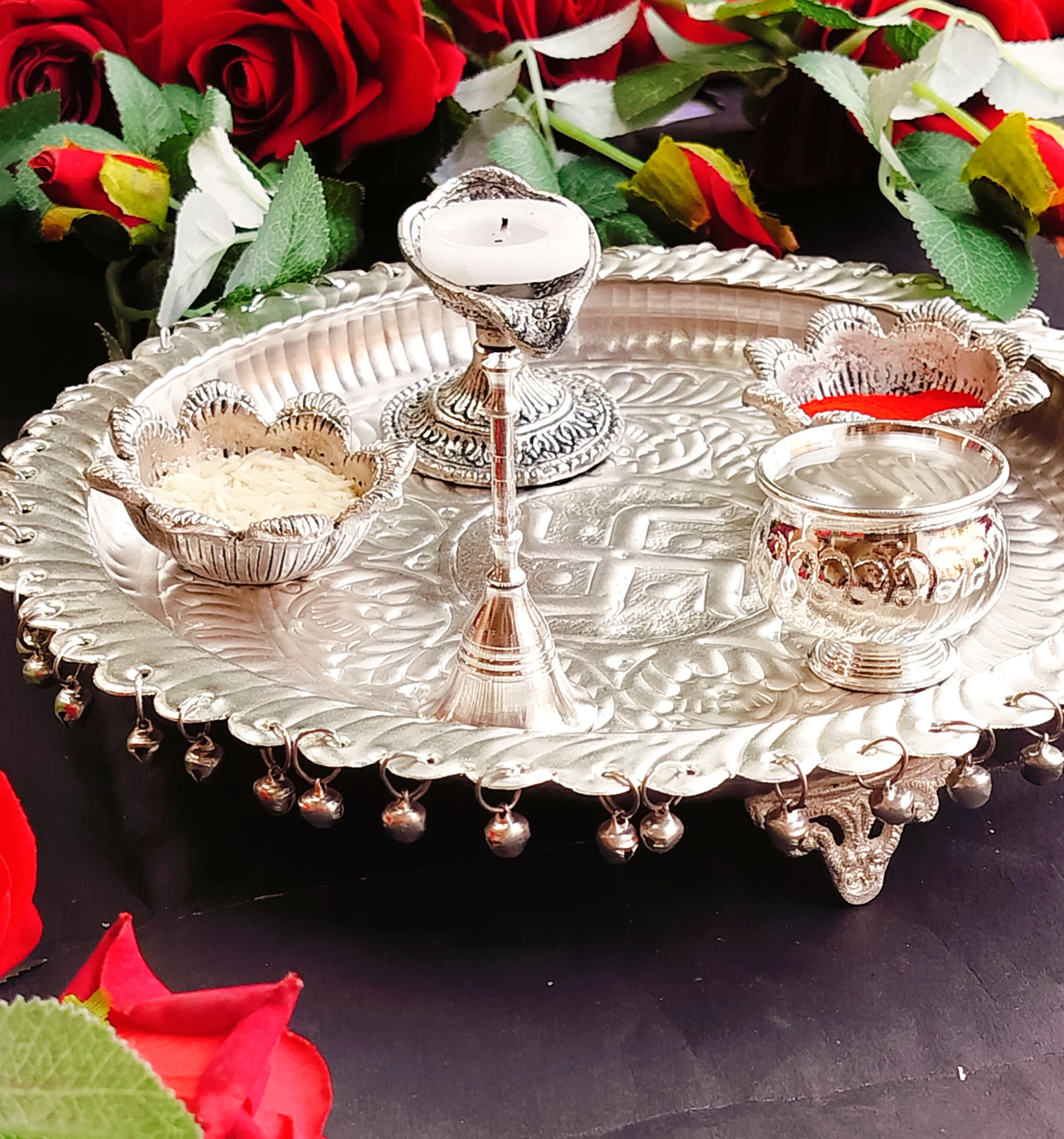 German Silver Budget Friendly ghungru Pooja thali Set