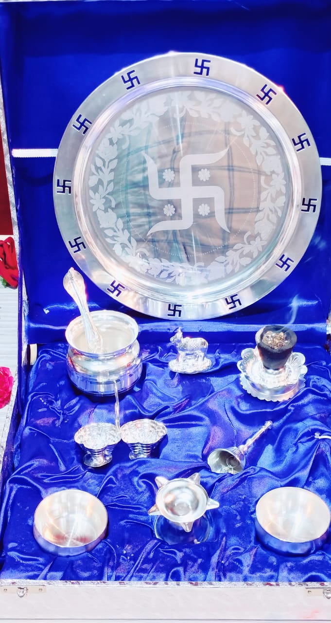German silver pooja thali set for Diwali/karwachauth/housewarming/gift item with gift box