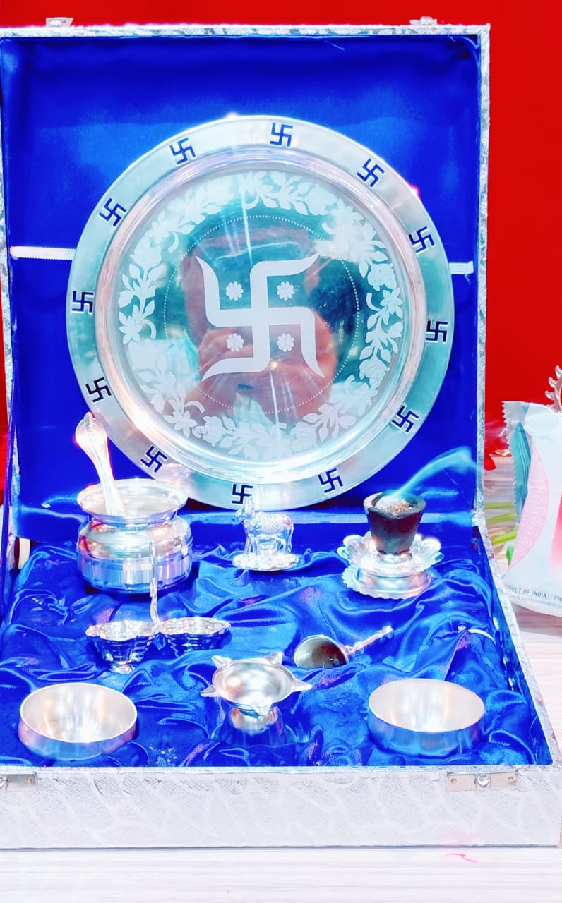 German silver pooja thali set for Diwali/karwachauth/housewarming/gift item with gift box