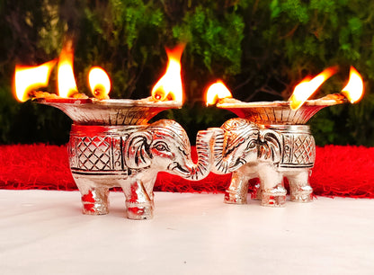 Antique German silver Elephant Panchmukhi Diya set of 2 with velvet box