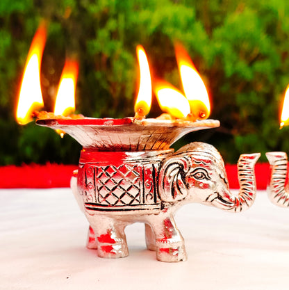 Antique German silver Elephant Panchmukhi Diya set of 2 with velvet box