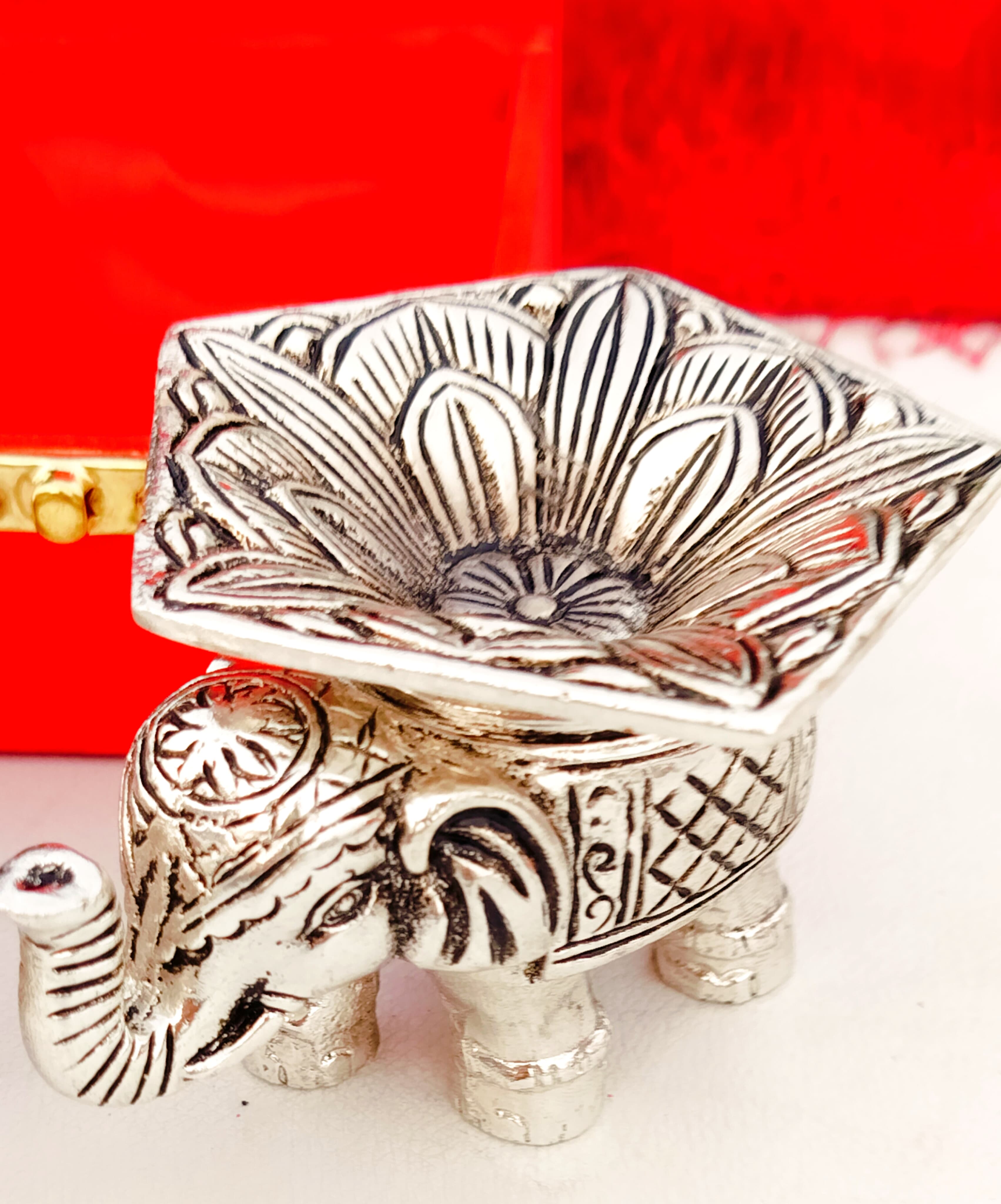 Antique German Silver Elephant Panchmukhi Diya Set of 2 with Velvet Box