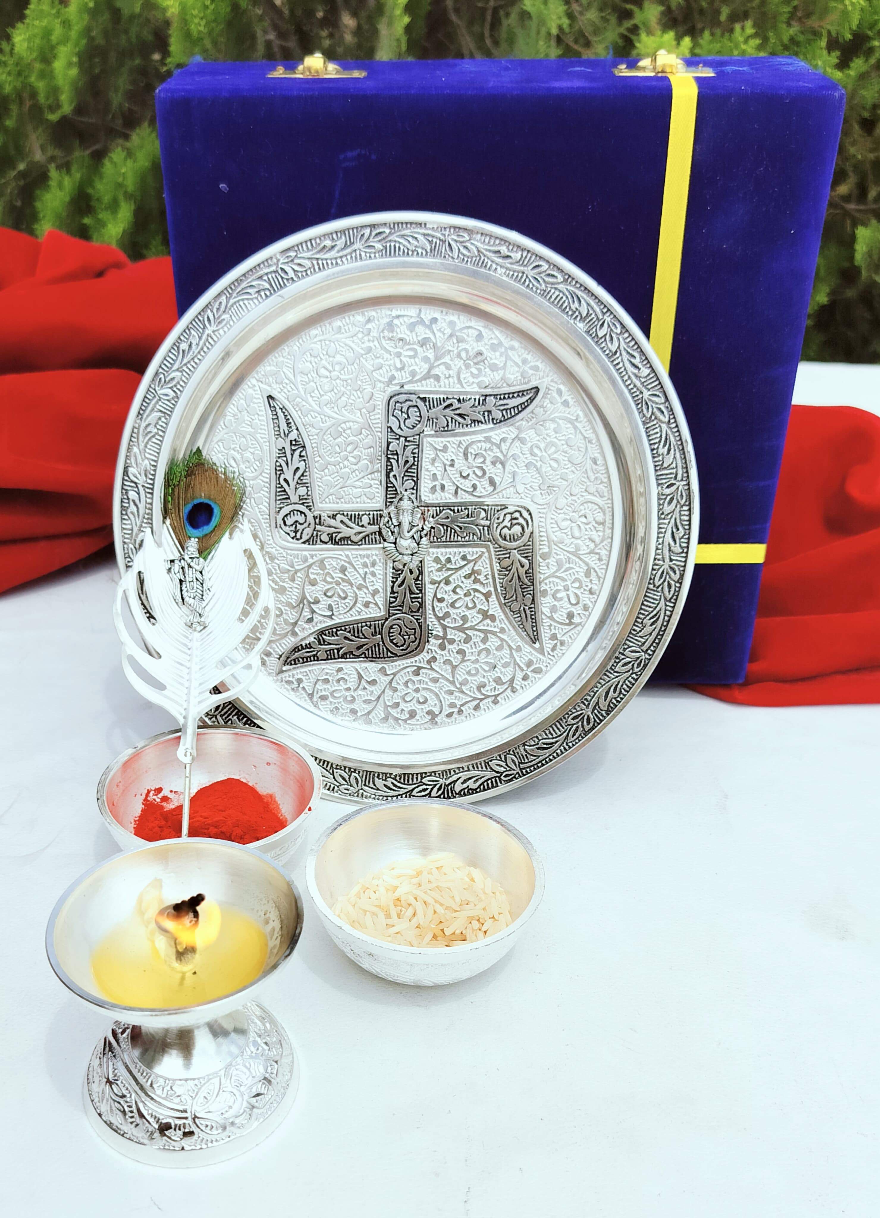 German silver Pooja set with flute Krishna tika stick pooja thali set