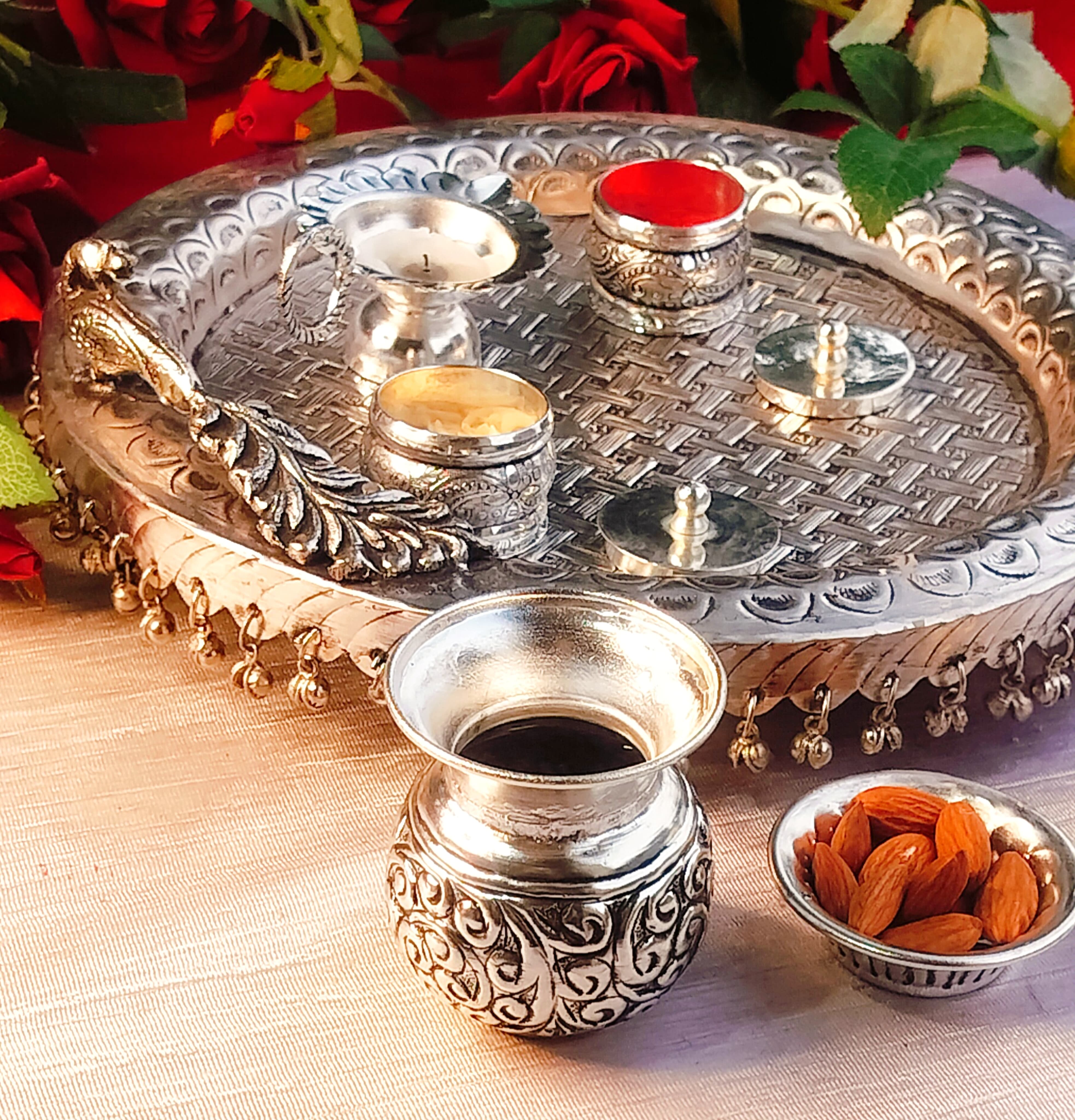 German silver Heavy gauge Antique design full Ghungaru peacock pooja set