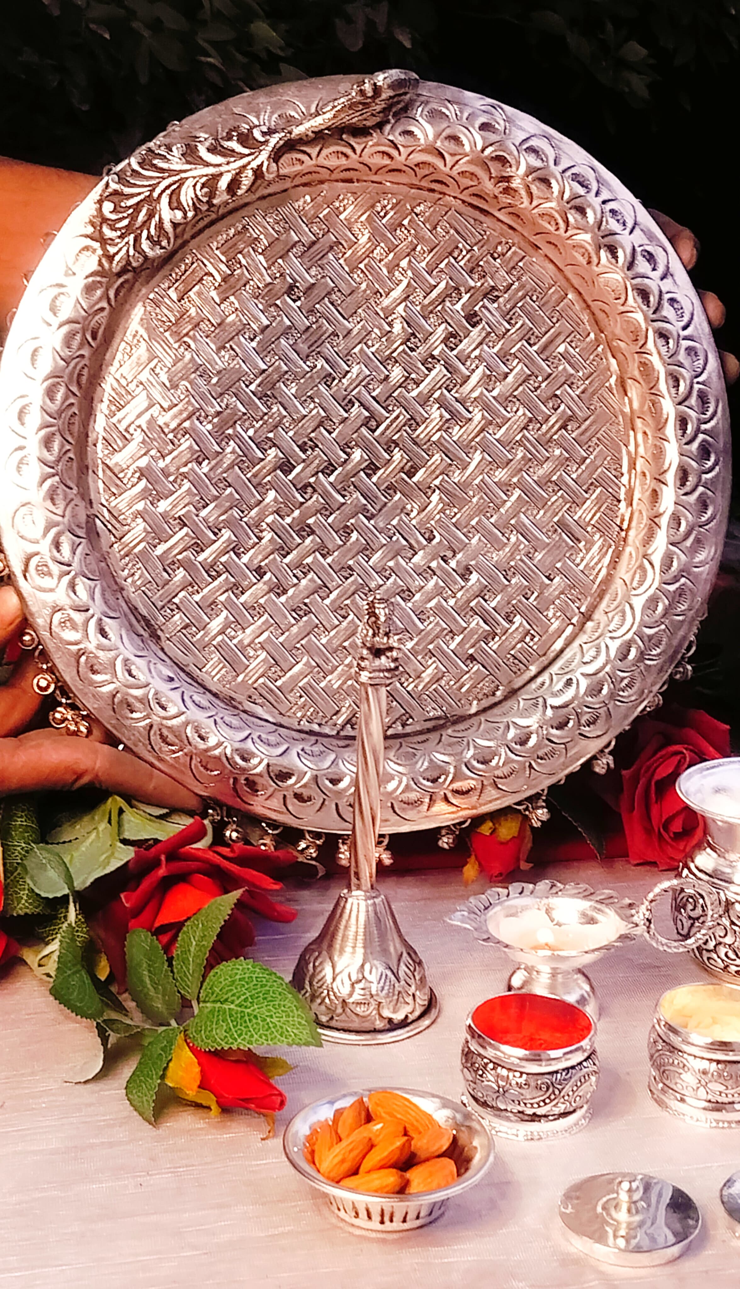 German silver Heavy gauge Antique design full Ghungaru peacock pooja set