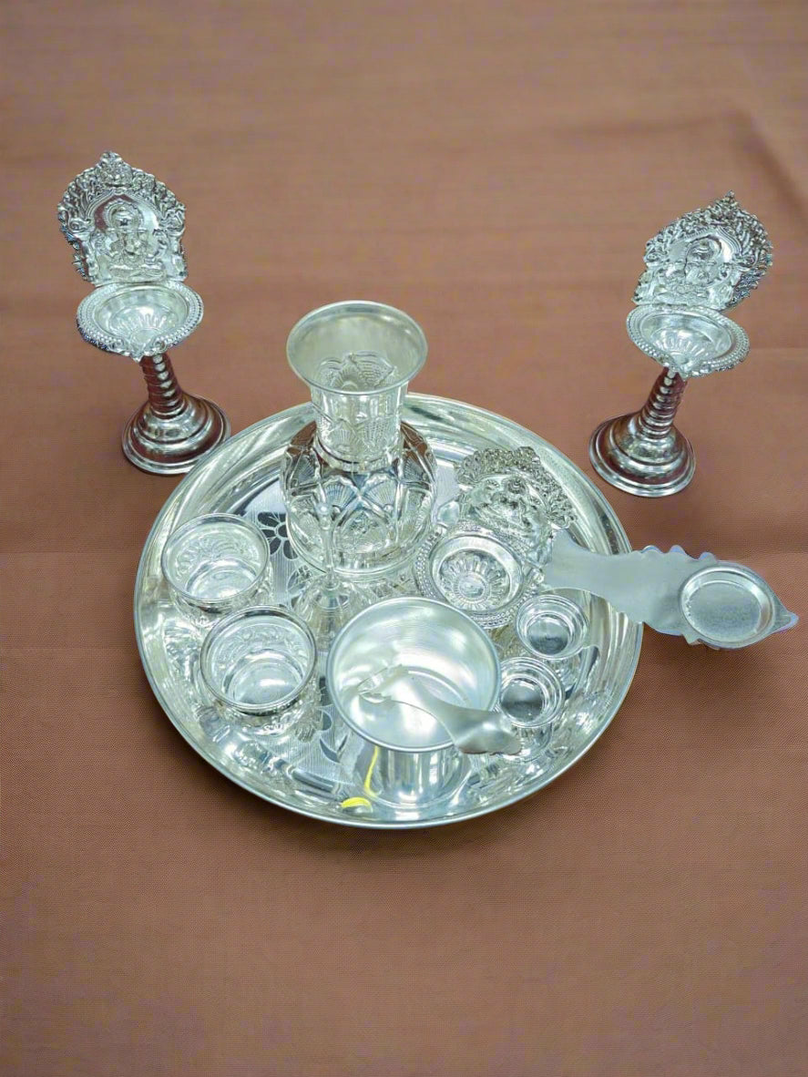 pure German silver pooja thali set of 12 pieces for housewarming/Diwali