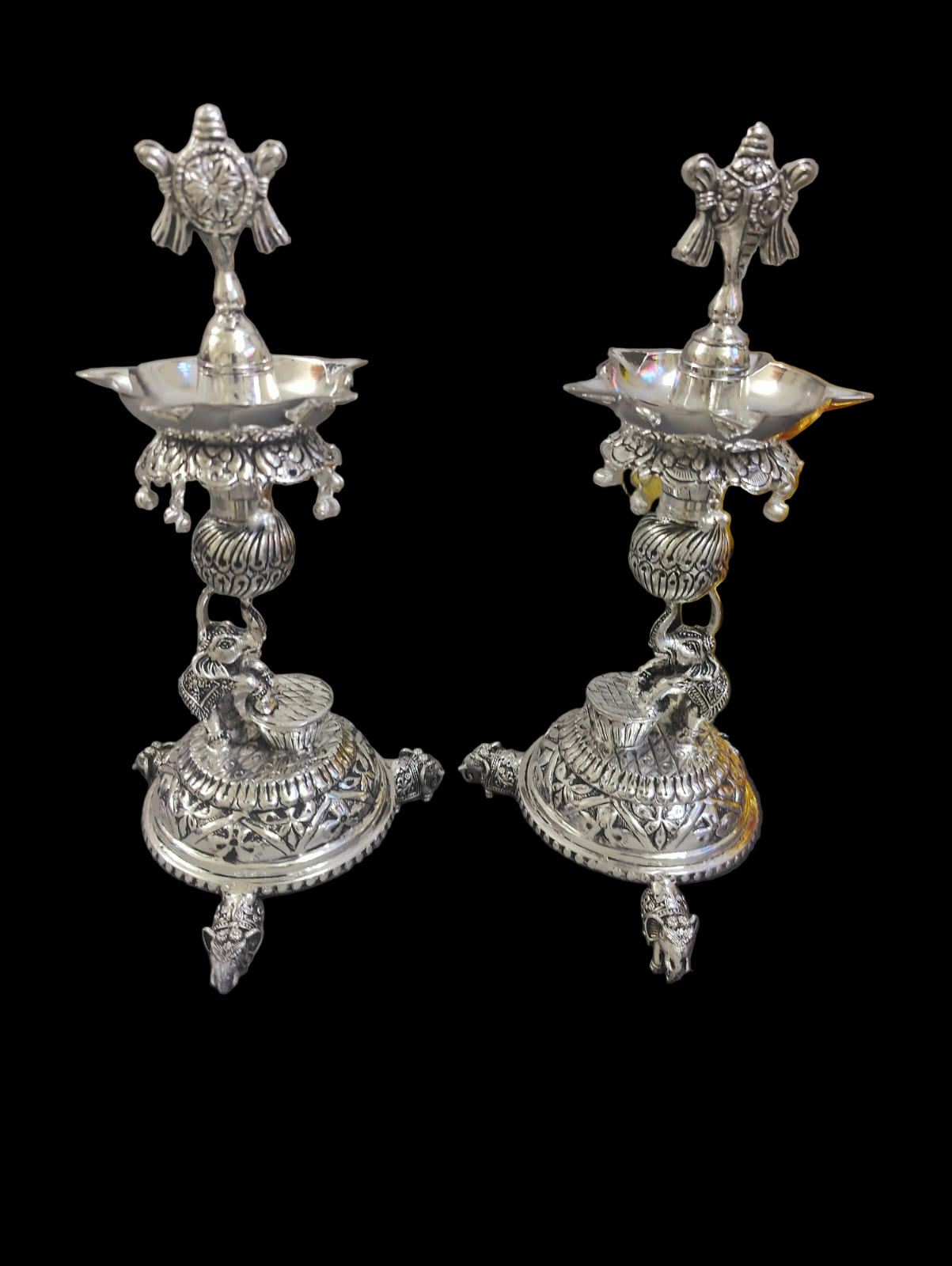 Silver Plated Antique German Silver Washable Elephant Dancing Diya with shanku and Elephant Legs and Chakra Pair, 9"