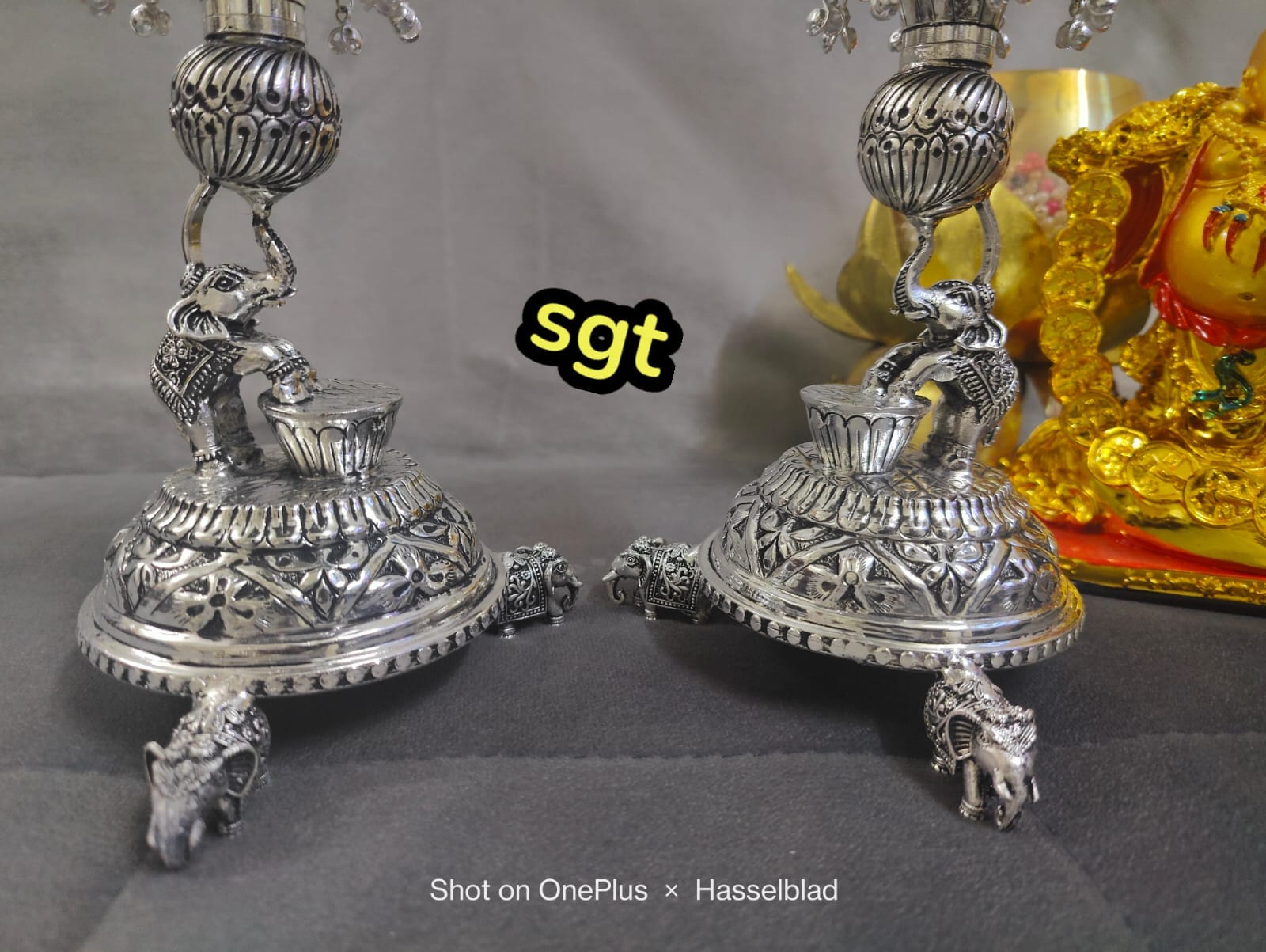 Silver Plated Antique German Silver Washable Elephant Dancing Diya with shanku and Elephant Legs and Chakra Pair, 9"