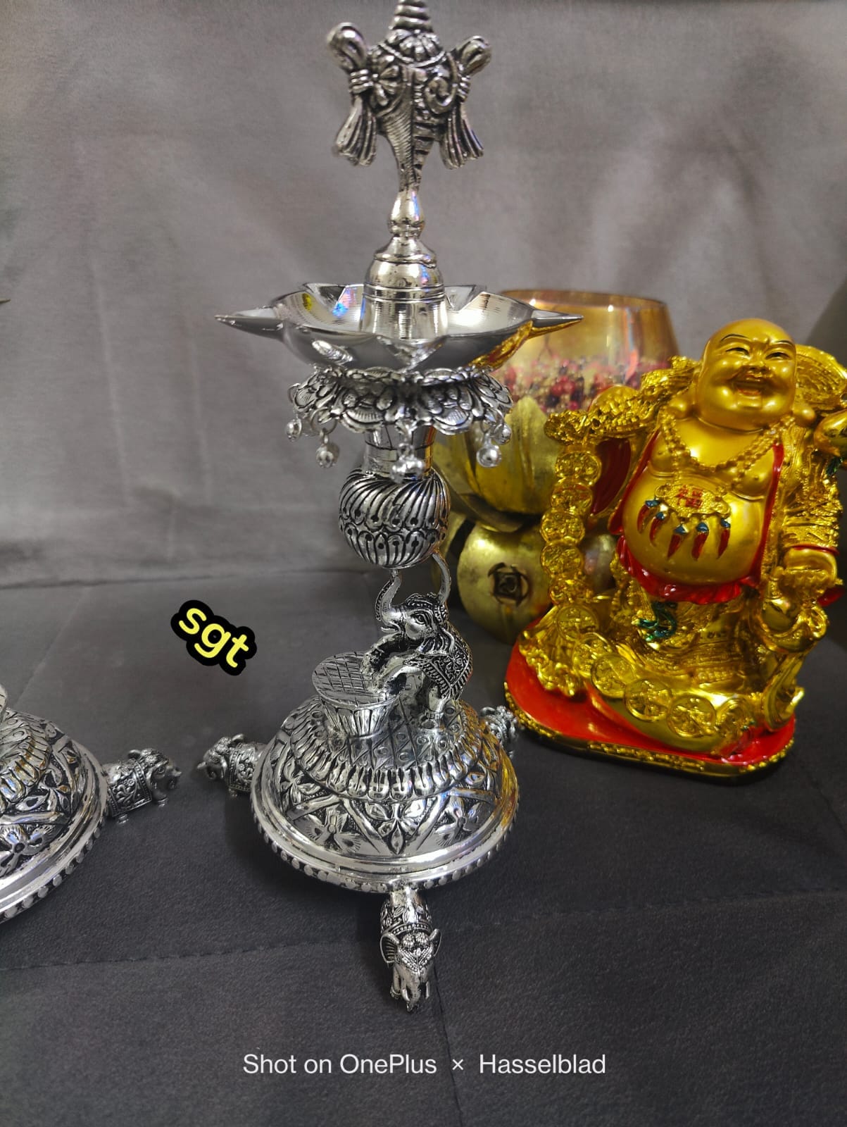 Silver Plated Antique German Silver Washable Elephant Dancing Diya with shanku and Elephant Legs and Chakra Pair, 9"