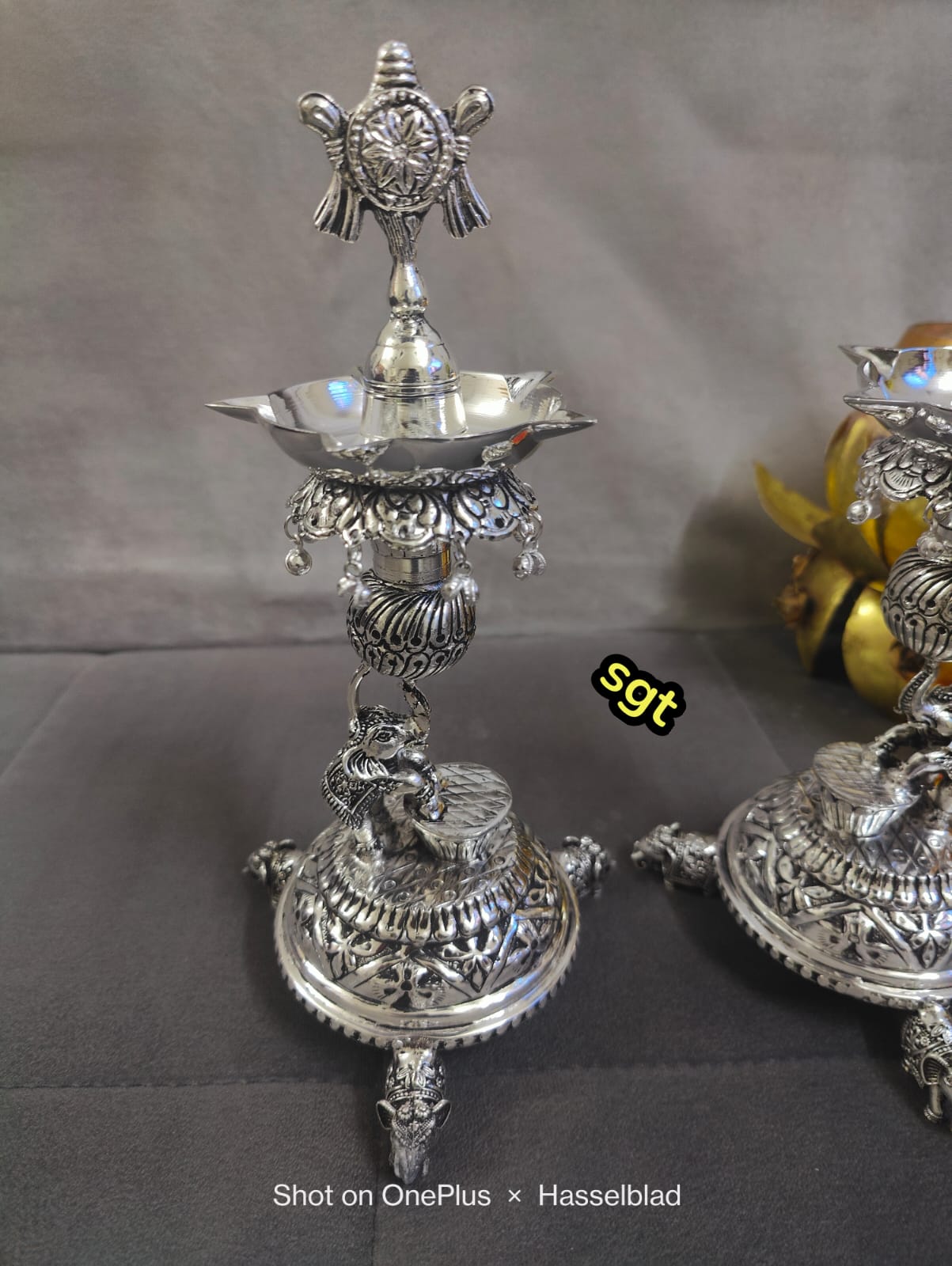 Silver Plated Antique German Silver Washable Elephant Dancing Diya with shanku and Elephant Legs and Chakra Pair, 9"