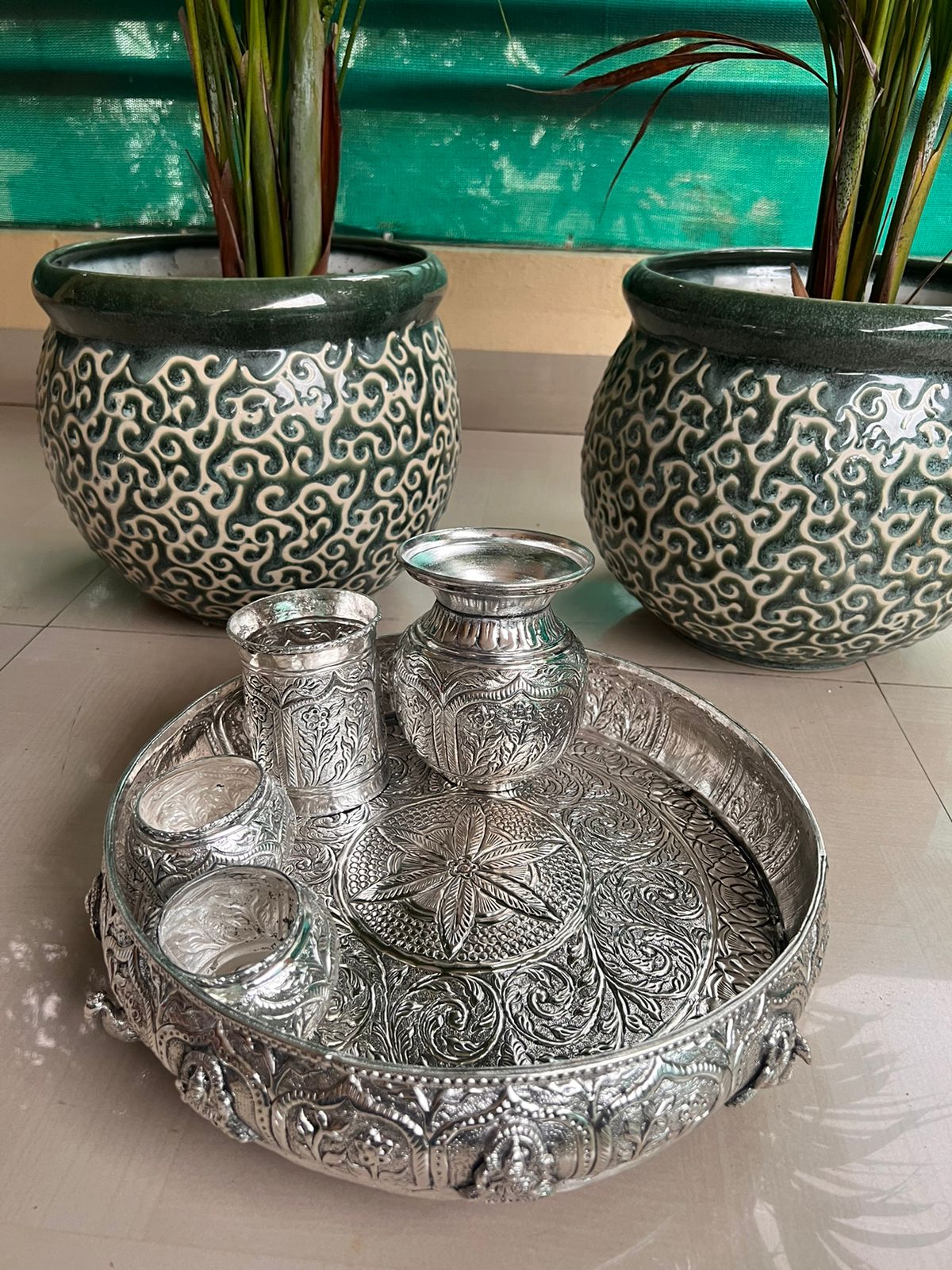 German silver antique finish Laxmi urli pooja set