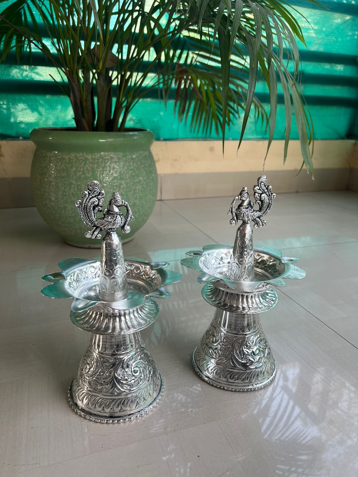 German Silver Peacock Diya Pair Set for Diwali/ Housewarming/ Home Decor