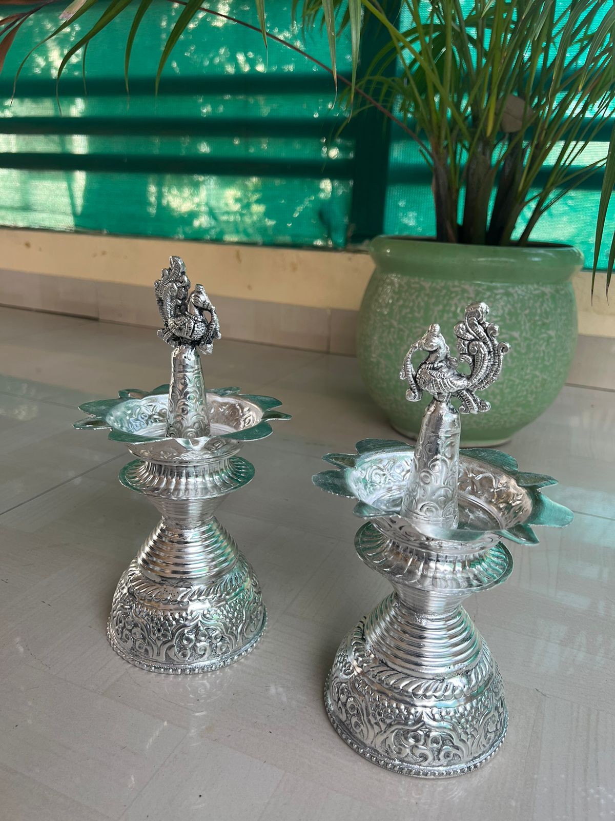 German Silver Peacock Diya Pair Set for Diwali/ Housewarming/ Home Decor