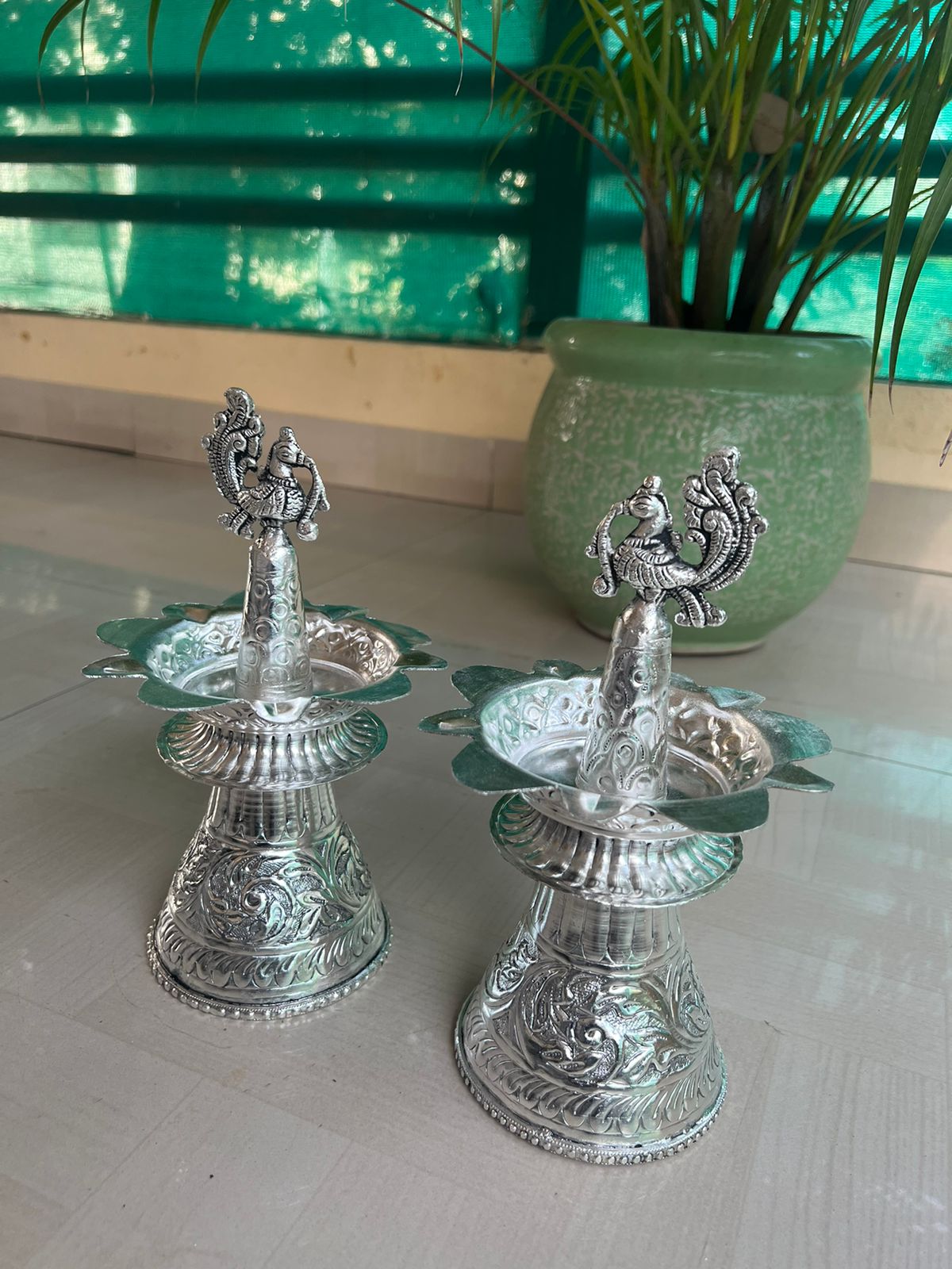 German Silver Peacock Diya Pair Set for Diwali/ Housewarming/ Home Decor