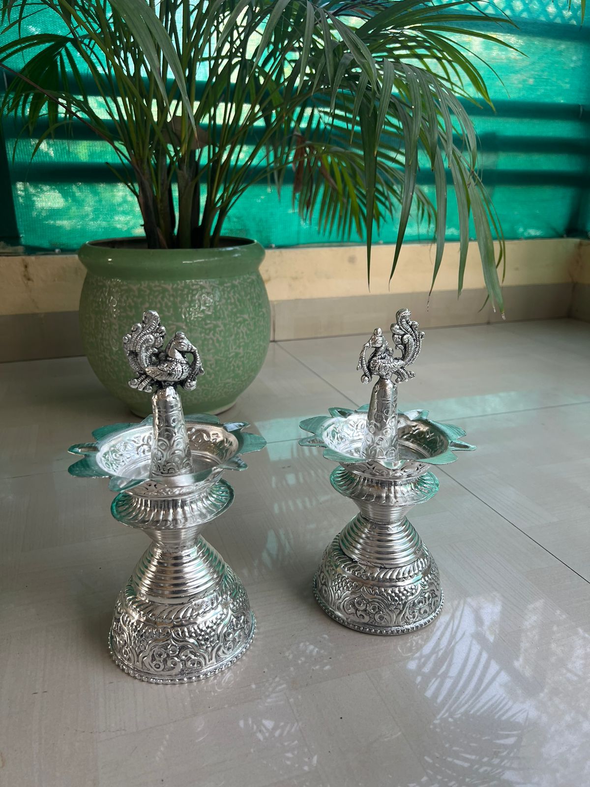 German Silver Peacock Diya Pair Set for Diwali/ Housewarming/ Home Decor
