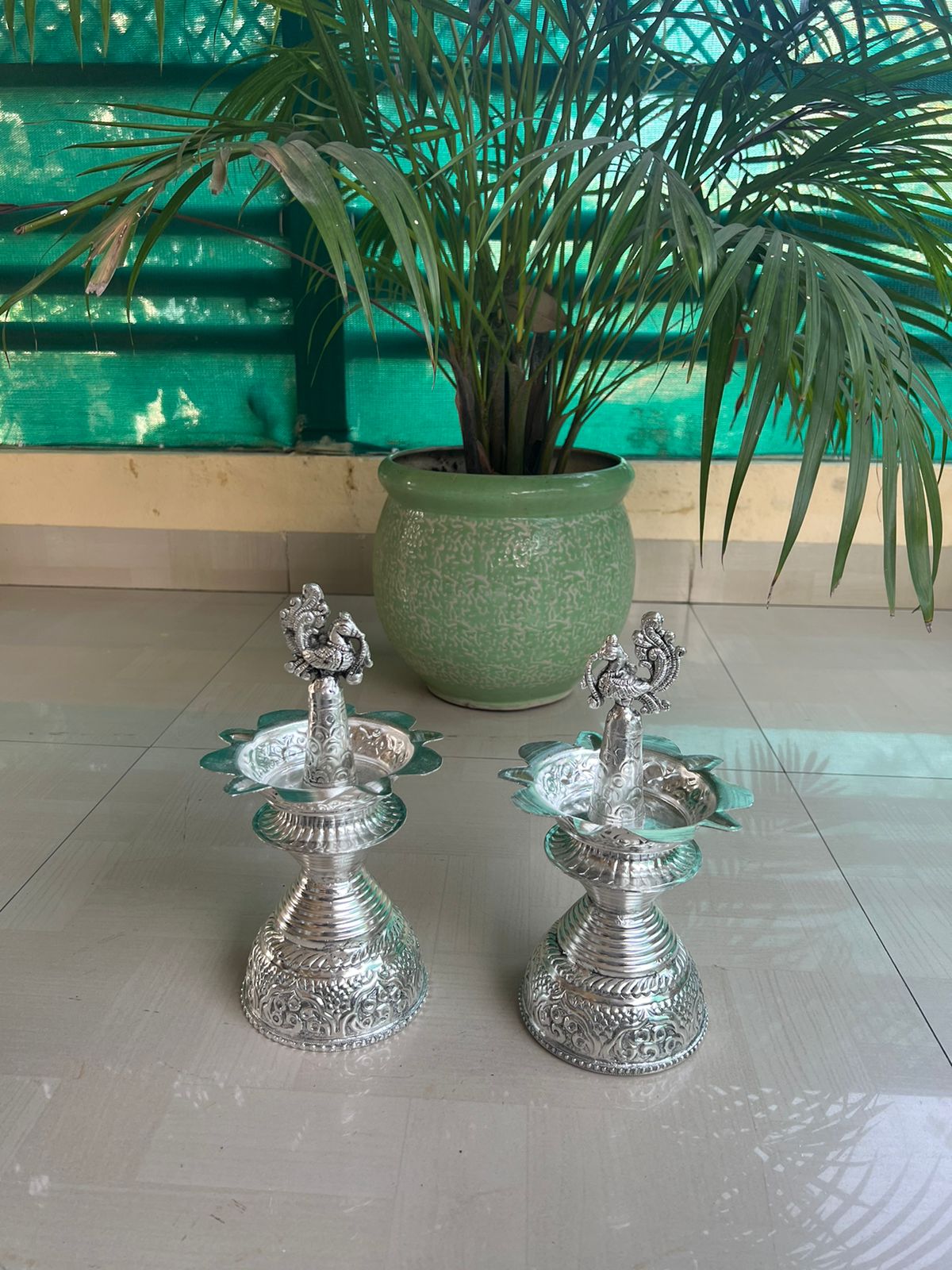 German Silver Peacock Diya Pair Set for Diwali/ Housewarming/ Home Decor
