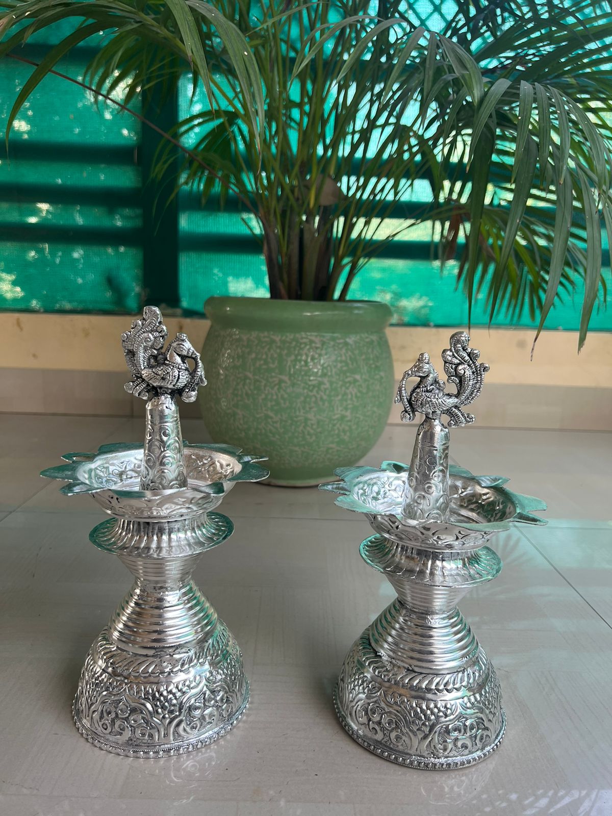 German Silver Peacock Diya Pair Set for Diwali/ Housewarming/ Home Decor