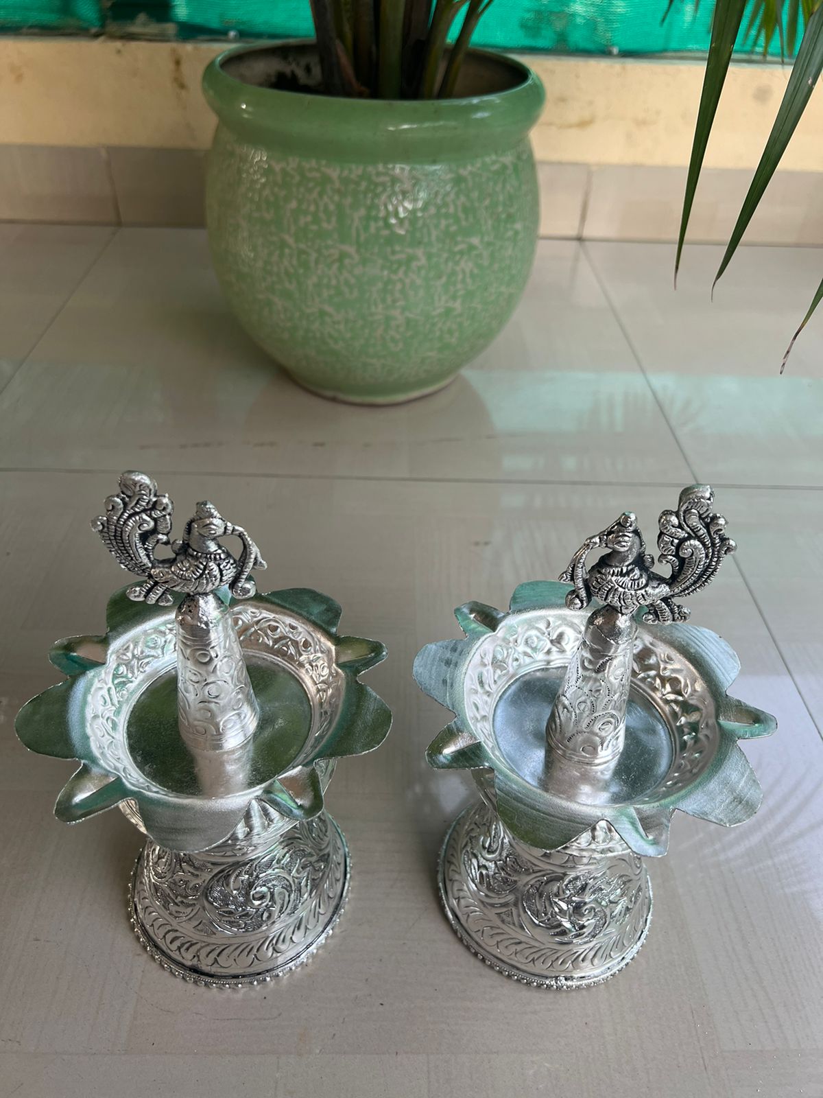 German Silver Peacock Diya Pair Set for Diwali/ Housewarming/ Home Decor