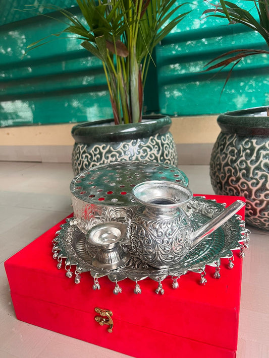 German silver fully carved karwachauth pooja thali set