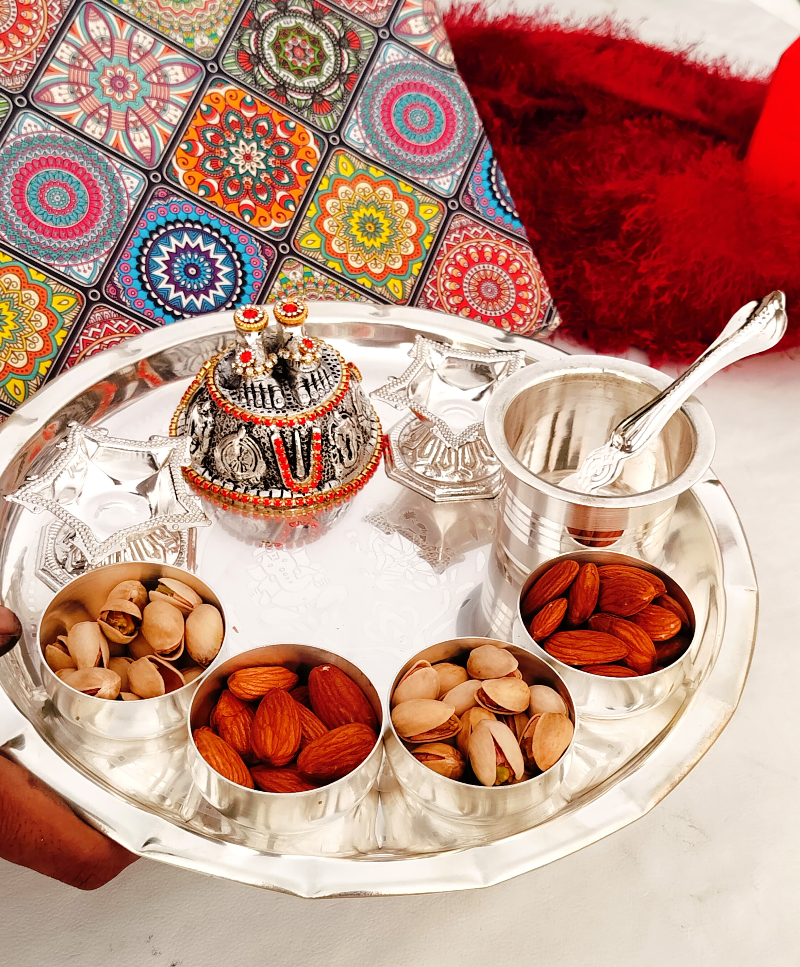 German silver Laxmi Ganesh engraved Pooja Set with Laxmi charan for Diwali/housewarming