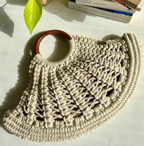 handmade macrame with wooden handle evening bag for women, gift purpose