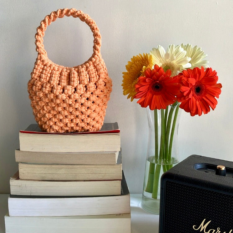 peach color handmade macrame handbag with handle for women/gift for her evening bag