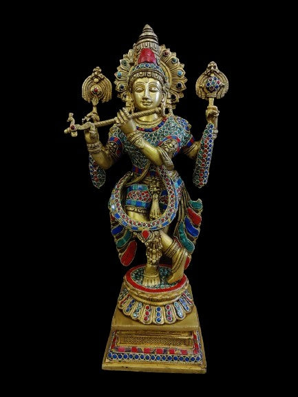 Brass with Stone Work krishana Statue Playing Flute Statue/Idol/showpiece/Gift Item