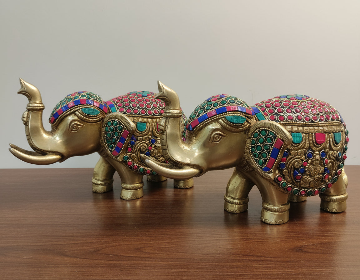 Brass with Stone Work Elephant with Trunk up Set of 2 Statue for Home décor