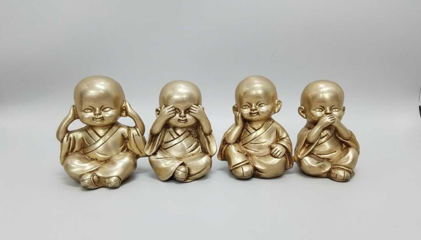 Brass Set of Wise Monks Baby Buddha Statues Hear No Evil, See No Evil, Speak No Evil,Think Wisely Set for Home