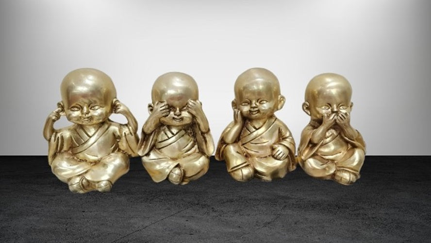 Brass Set of Wise Monks Baby Buddha Statues Hear No Evil, See No Evil, Speak No Evil,Think Wisely Set for Home