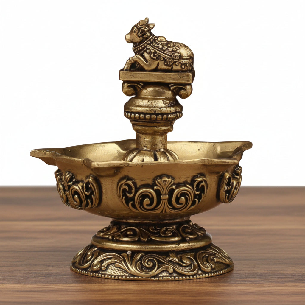 Brass Nandi Panch Deepak pair – Handmade Antique Pooja Lamp