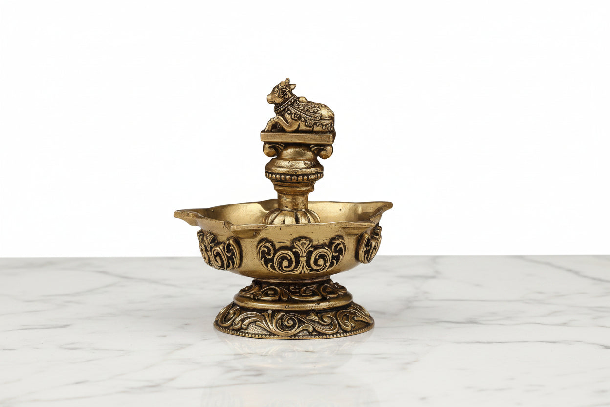 Brass Nandi Panch Deepak – Handmade Antique Pooja Lamp, 1 piece