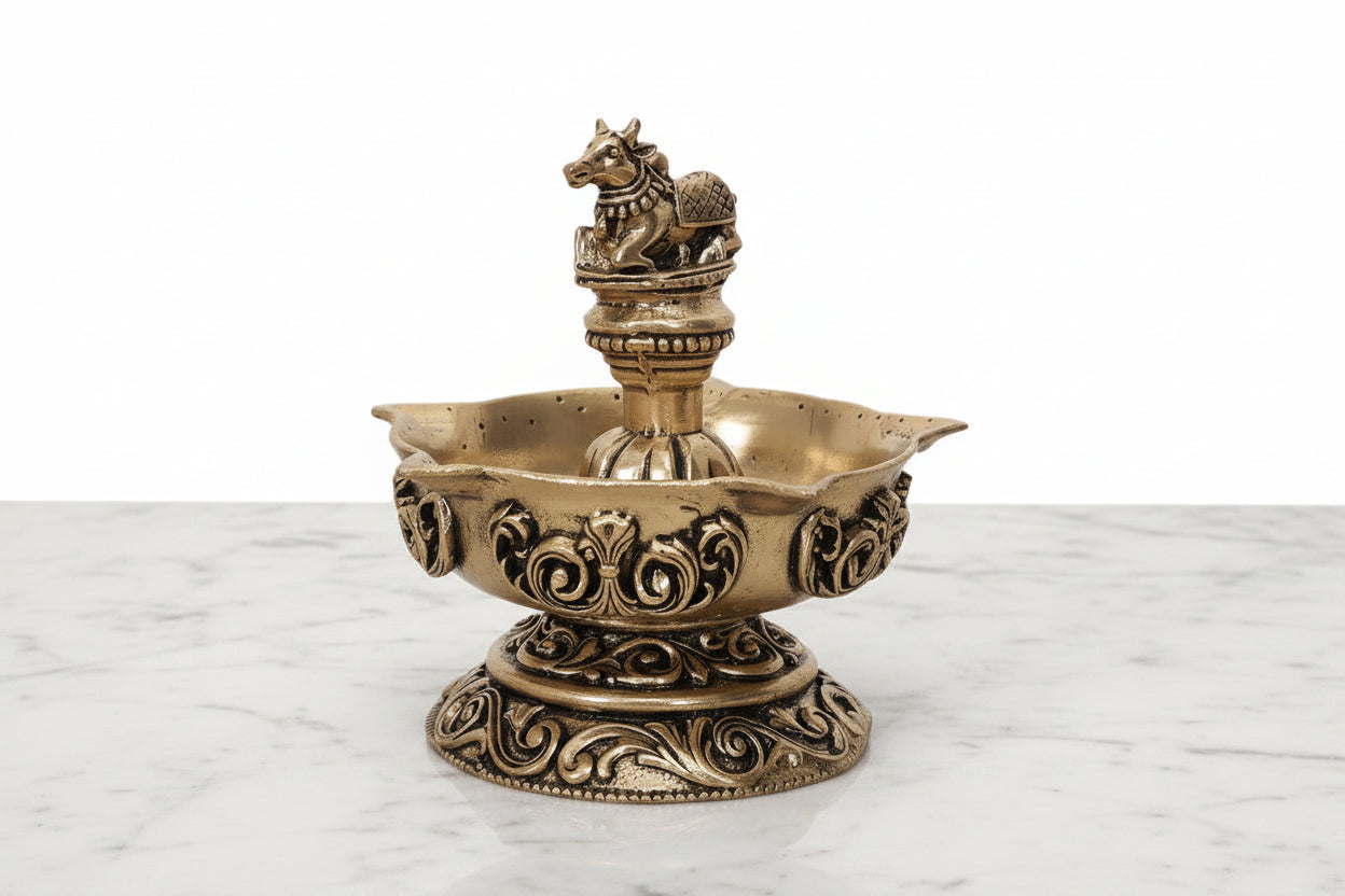 Brass Nandi Panch Deepak – Handmade Antique Pooja Lamp, 1 piece