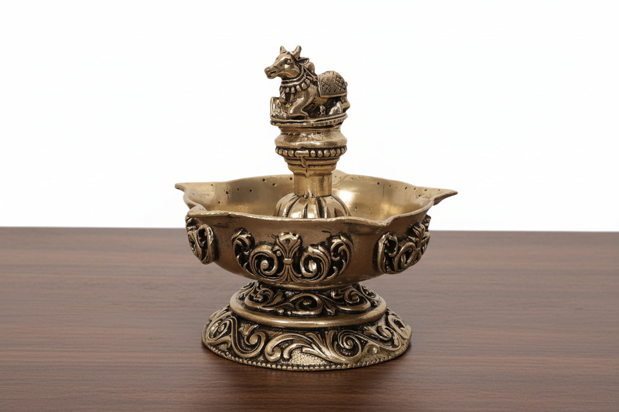 Brass Nandi Panch Deepak pair – Handmade Antique Pooja Lamp